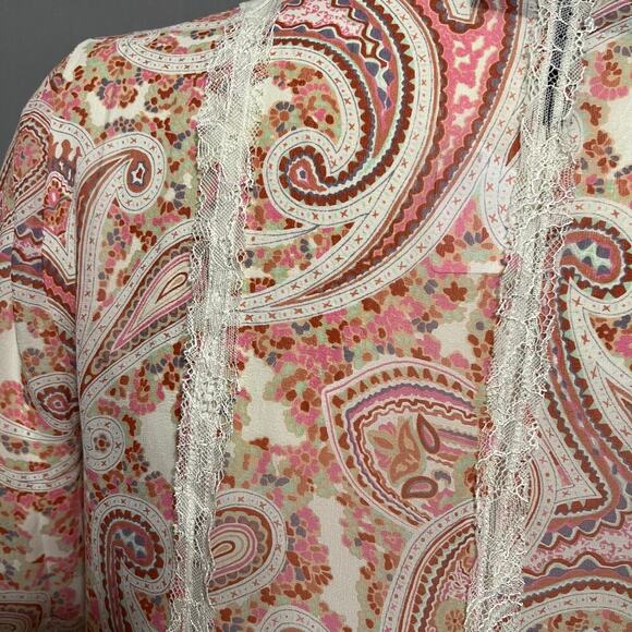 BCBG Sheer Peasant Boho Paisley Print Long Sleeve Blouse Sz-Large - Picture 7 of 8